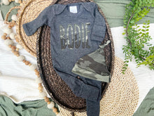 Load image into Gallery viewer, Personalized Baby Boy Outfit | Charcoal Gray Romper Green Camo Baby Name
