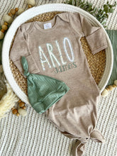 Load image into Gallery viewer, Personalized Baby Boy Outfit | Mocha Brown Knotted Gown Green Orange Custom Baby Name
