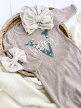 Load image into Gallery viewer, Personalized Baby Girl Outfit | Taupe Knotted Gown Floral Green - Valley Joy
