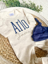 Load image into Gallery viewer, Personalized Baby Boy Outfit | Oatmeal Beige Romper Navy Blue Baby Name
