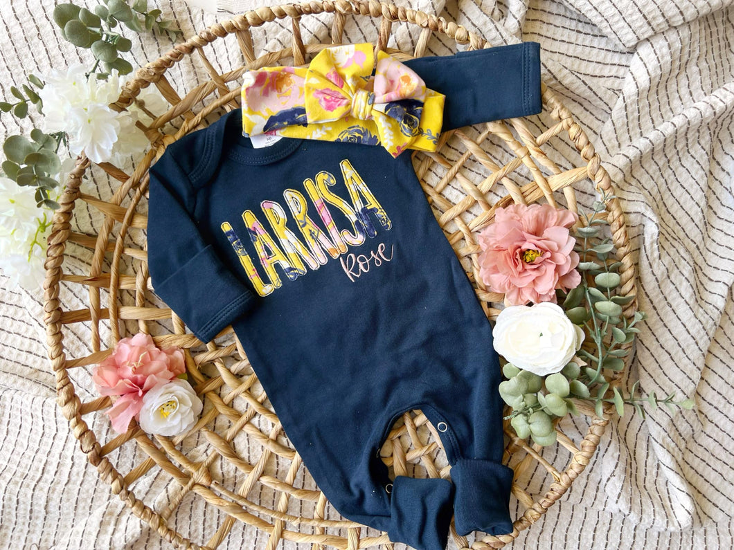 Personalized Baby Girl Outfit | Navy Romper Yellow Floral Purple Pink Baby Name