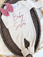 Load image into Gallery viewer, Baby Sister Outfit | Oatmeal Romper Pink -Baby Announcement
