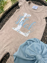 Load image into Gallery viewer, Personalized Baby Girl Outfit | Mocha Brown Flutter Sleeve Ruffle Romper Floral White Blue Baby Name
