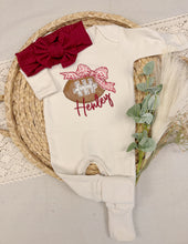 Load image into Gallery viewer, Baby Girl Football Outfit &amp; Bow | Personalized Baby Game Day Romper
