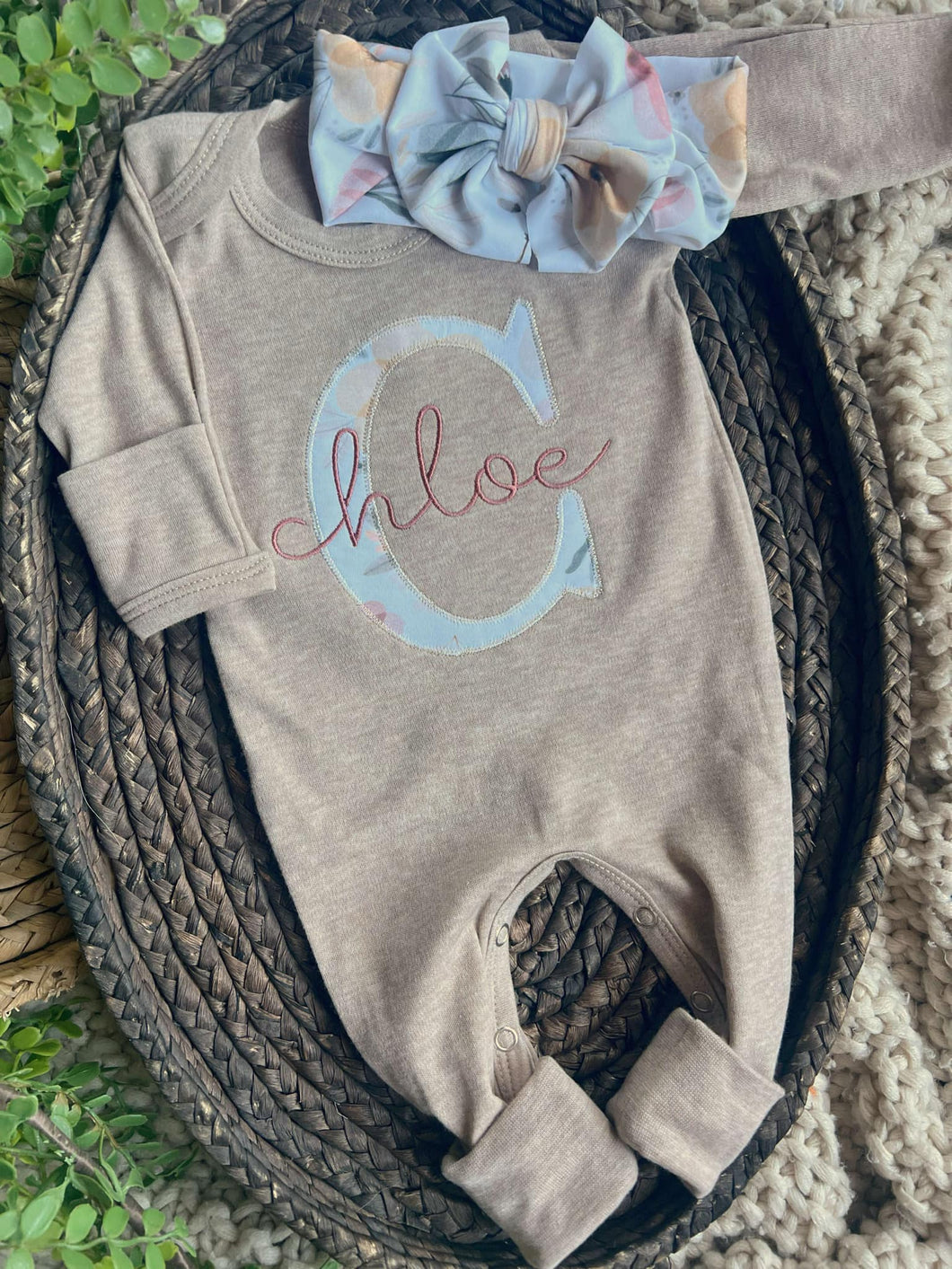 Personalized Baby Girl Outfit | Mocha Brown Romper Floral Initial - Chloe