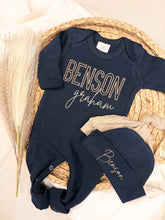 Load image into Gallery viewer, Personalized Baby Boy Coming Home Outfit – Navy Footie &amp; Hat
