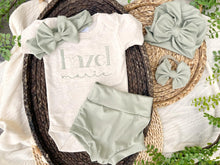 Load image into Gallery viewer, Personalized Baby Girl Outfit | Oatmeal Beige Bodysuit Sage Green Baby Name
