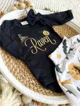 Load image into Gallery viewer, Personalized Halloween Baby Girl Outfit | Black Bodysuit Pumpkin Skirt Baby Name

