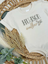 Load image into Gallery viewer, Personalized Baby Boy Newborn Outfit | Natural Oatmeal Romper Duck Baby Boy Name
