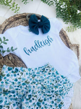 Load image into Gallery viewer, Personalized Baby Girl Outfit | White Bodysuit Blue Floral Skirt Baby Name- Hadleigh
