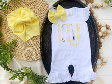 Load image into Gallery viewer, Personalized Baby Girl Outfit | White Flutter Sleeve Ruffle Romper Floral Yellows Baby Name
