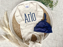 Load image into Gallery viewer, Personalized Baby Boy Outfit | Oatmeal Beige Romper Navy Blue Baby Name
