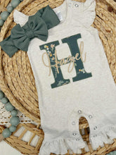 Load image into Gallery viewer, Personalized Baby Girl Outfit | Oatmeal Flutter Sleeve Ruffle Romper Floral Green Baby Name
