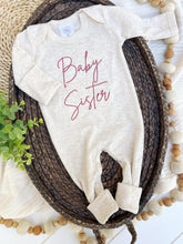 Load image into Gallery viewer, Baby Sister Outfit | Oatmeal Romper Pink -Baby Announcement
