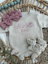 Load image into Gallery viewer, Personalized Baby Girl Newborn Outfit | Oatmeal Sweater Romper Custom Color Baby Name
