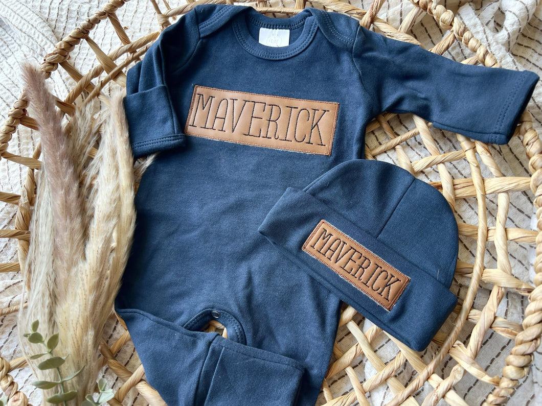 Personalized Baby Boy Outfit | Navy Romper - Leather Patch Style Baby Name