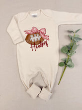 Load image into Gallery viewer, Baby Girl Football Outfit &amp; Bow | Personalized Baby Game Day Romper
