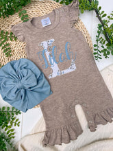 Load image into Gallery viewer, Personalized Baby Girl Outfit | Mocha Brown Flutter Sleeve Ruffle Romper Floral White Blue Baby Name
