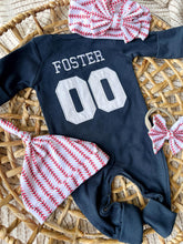 Load image into Gallery viewer, Personalized Baby Boy Outfit | Navy Romper - Jersey Style Football Baseball Baby Name
