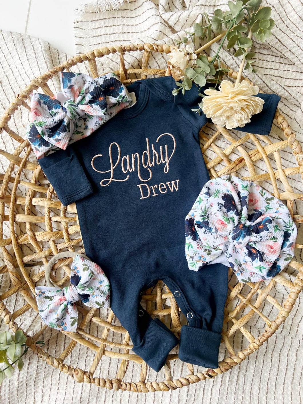Baby Girl Outfit | Navy Romper - Pink White Blue Floral Baby Name