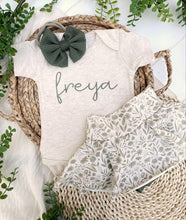 Load image into Gallery viewer, Personalized Baby Girl Outfit | Oatmeal Bodysuit Soft Green Floral Skirt Baby Name-  Freya
