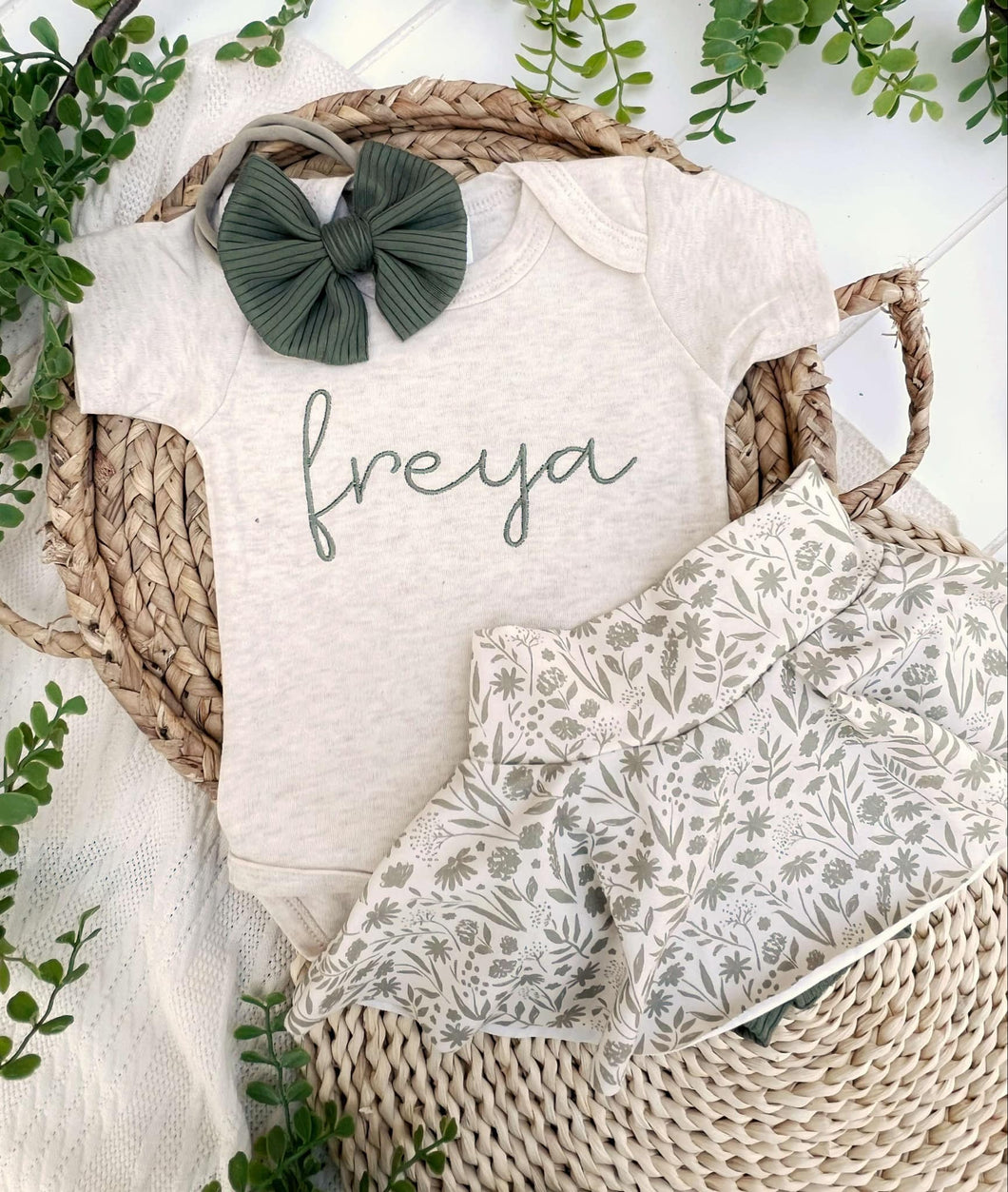 Personalized Baby Girl Outfit | Oatmeal Bodysuit Soft Green Floral Skirt Baby Name-  Freya
