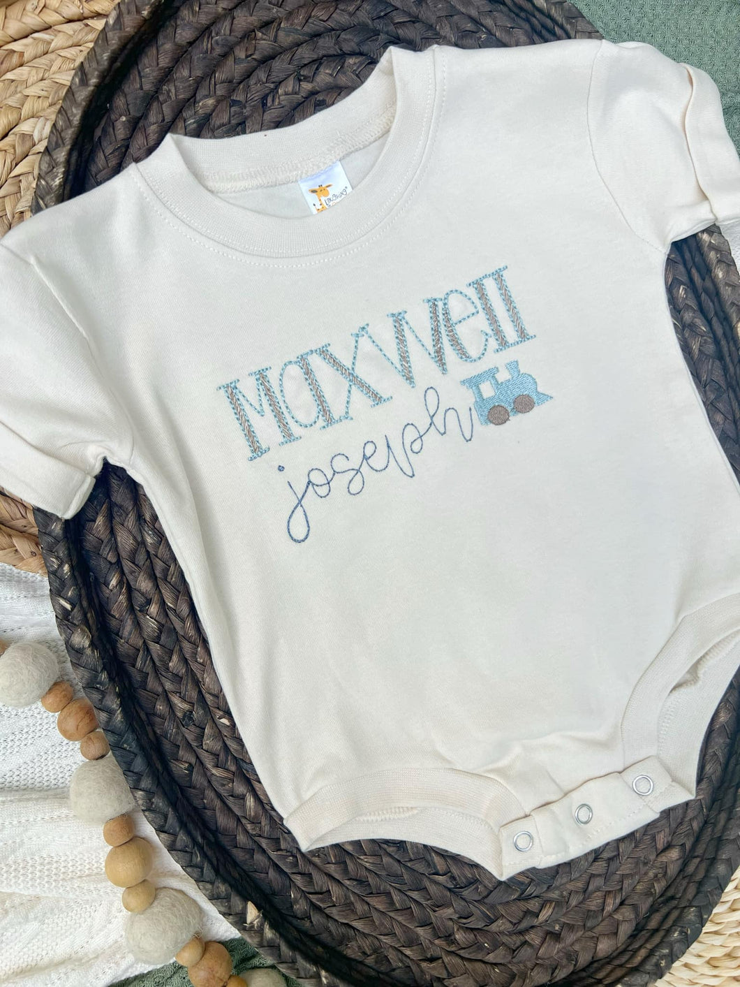 Personalized Baby Boy Outfit | Cream Beige Bubble T-Shirt Train Blue Custom Name