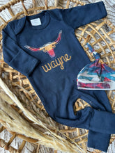 Load image into Gallery viewer, Personalized Baby Boy Outfit | Navy Romper - Western Longhorn Roping Baby Name
