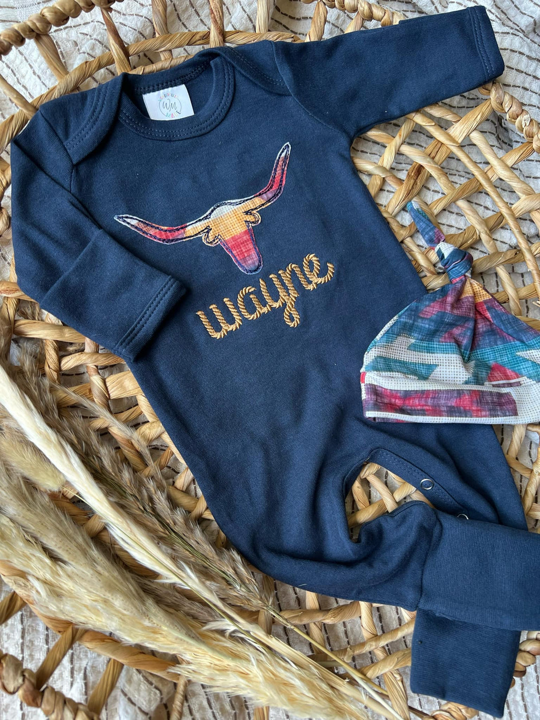 Personalized Baby Boy Outfit | Navy Romper - Western Longhorn Roping Baby Name