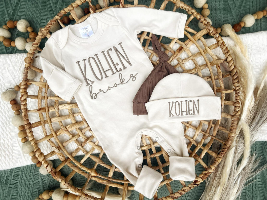 Personalized Baby Boy Newborn Outfit | Oatmeal Romper Custom Color Baby Name