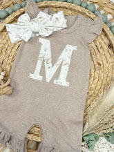 Load image into Gallery viewer, Personalized Baby Girl Outfit | Mocha Brown Flutter Sleeve Ruffle Romper Floral White Baby Name

