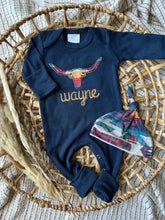 Load image into Gallery viewer, Personalized Baby Boy Outfit | Navy Romper - Western Longhorn Roping Baby Name
