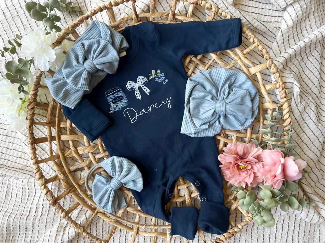 Baby Girl Outfit | Navy Romper - Country Cottage Style Blueberries Baby Name