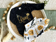 Load image into Gallery viewer, Personalized Halloween Baby Girl Outfit | Black Bodysuit Pumpkin Skirt Baby Name
