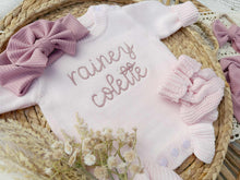 Load image into Gallery viewer, Personalized Baby Girl Newborn Outfit | Pink Sweater Bubble Romper Baby Name
