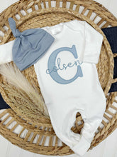 Load image into Gallery viewer, Personalized Newborn Baby Boy Outfit | White Romper Gray Baby Name
