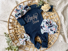 Load image into Gallery viewer, Baby Girl Outfit | Navy Romper - Pink White Blue Floral Baby Name
