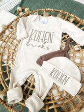 Load image into Gallery viewer, Personalized Baby Boy Newborn Outfit | Oatmeal Romper Custom Color Baby Name
