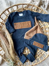 Load image into Gallery viewer, Personalized Baby Boy Outfit | Navy Romper - Leather Patch Style Baby Name

