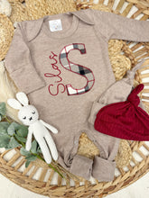 Load image into Gallery viewer, Personalized Baby Boy Name Outfit | Mocha Brown Romper Red Plaid Initial
