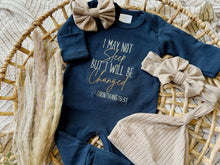 Load image into Gallery viewer, Baby Boy Outfit | Navy Romper - Funny Christian I May Not Sleep But I Will Be Changed
