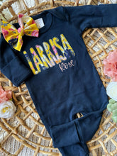 Load image into Gallery viewer, Personalized Baby Girl Outfit | Navy Romper Yellow Floral Purple Pink Baby Name
