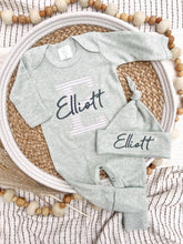 Load image into Gallery viewer, Personalized Baby Boy Outfit | Oatmeal, Sage, Mocha Romper Beige Stripe Initial Baby Name
