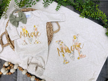 Load image into Gallery viewer, Personalized Baby Girl Outfit | Oatmeal Romper Vintage Golden Yellow Floral Baby Name

