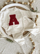 Load image into Gallery viewer, Personalized Baby Sweatshirt Set | Oatmeal Pullover Red Letter Game Day Baby Name
