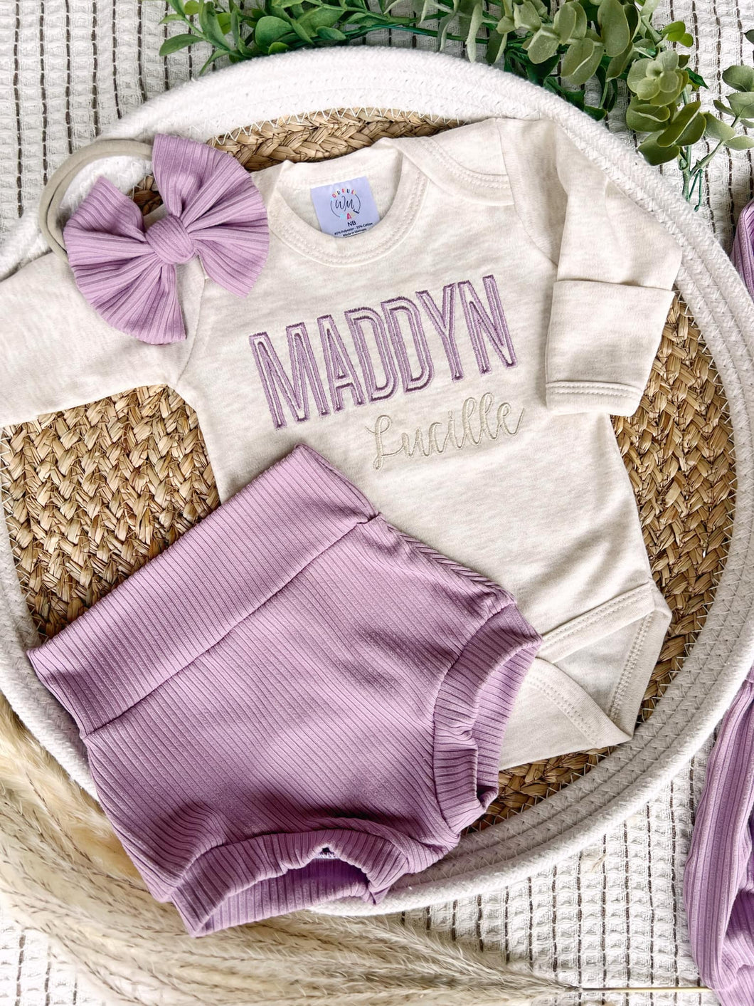 Personalized Baby Girl Outfit | Oatmeal Beige Bodysuit Soft Purple Beige Baby Name