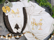 Load image into Gallery viewer, Personalized Baby Girl Outfit | Oatmeal Romper Vintage Golden Yellow Floral Baby Name
