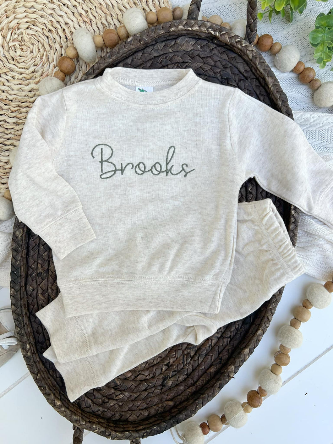 Personalized Baby Name Sweatshirt Set | Oatmeal Pullover Sage Green - Brooks