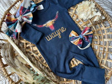 Load image into Gallery viewer, Personalized Baby Girl Outfit | Navy Romper - Western Longhorn Roping Baby Name
