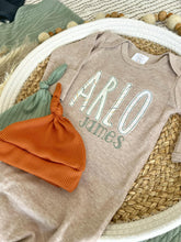 Load image into Gallery viewer, Personalized Baby Boy Outfit | Mocha Brown Knotted Gown Green Orange Custom Baby Name
